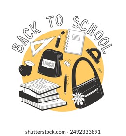Afiche de regreso a la escuela con útiles escolares