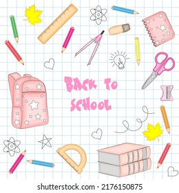 "Back to school" poster, school supplies in doodle style on the background of a checkered notebook, vector illustration