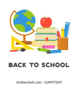 back to school poster and school supplies in flat design