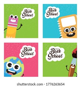back to school poster with supplies kawai characters vector illustration design