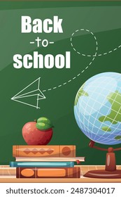 back to school poster. school supplies on the background of a blackboard, a drawn airplane, books, textbooks, a globe, a red apple. illustration for flyer, banner, advertising