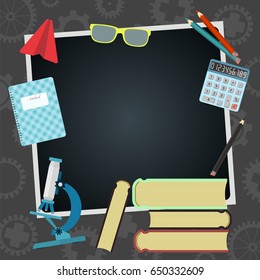 Back to school. Poster with school supplies and place for text. Vector illustration. 