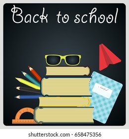 Back to school. Poster with school supplies and place for text. Vector illustration. 