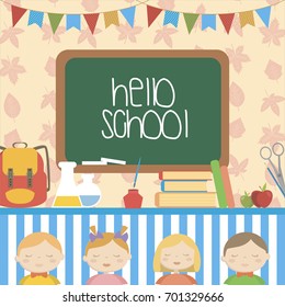 Back to school poster with school supplies and pupils. Vector illustration