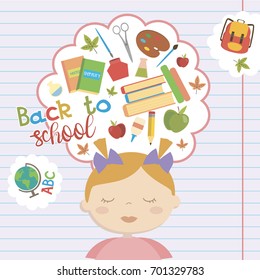 Back to school poster with school supplies and pupils. Vector illustration