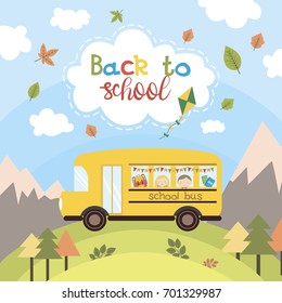 Back to school poster with school supplies and pupils. Vector illustration