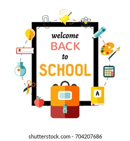 Back to school poster with school supplies set, vector illustration
