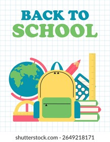 Regreso a la escuela. cartel con útiles escolares. Ilustración vectorial