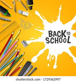 Back to school poster with supplies and white spot