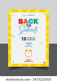 Back To School poster with teaching materials accessories and supplies framing text, colored vector illustration