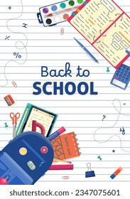 De vuelta a la plantilla de carteles de la escuela. Mochila azul y portátil abierto con diferentes artículos de papelería, suministros y artículos. Diseño para portada, anuncios de promoción de estudios educativos, medios sociales, invitación, sitio web