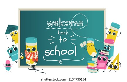 Back to school poster template with cute pencil characters and school supply - eraser, ruler holding books wearing scarf, graduation cap. Happy vector hymanized education symbols with facial emotions