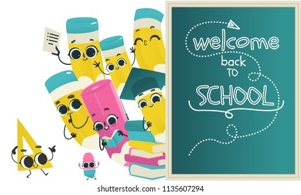 Back to school poster template with cute pencil characters and school supply - eraser, ruler holding books wearing scarf, graduation cap. Happy vector hymanized education symbols with facial emotions
