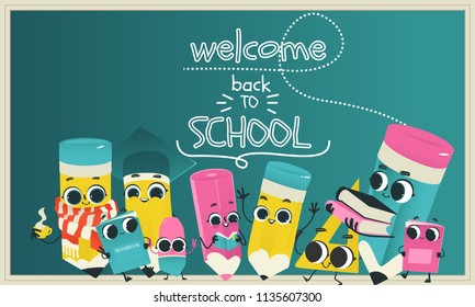 Back to school poster template with cute pencil characters and school supply - eraser, ruler holding books wearing scarf, graduation cap. Happy vector hymanized education symbols with facial emotions