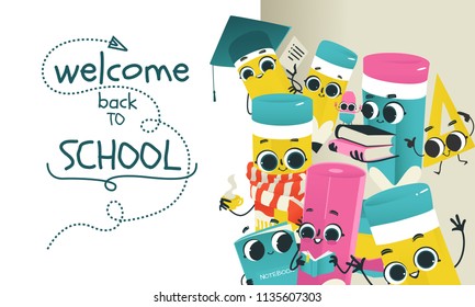 Back to school poster template with cute pencil characters and school supply - eraser, ruler holding books wearing scarf, graduation cap. Happy vector hymanized education symbols with facial emotions