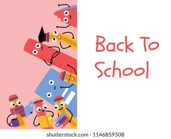 Back to school poster template with cute pencil characters and school supply - eraser, ruler holding books, graduation cap. Happy vector humanized education symbols with facial emotions