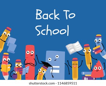 Back to school poster template with cute pencil characters and school supply - eraser, ruler holding books wearing scarf, graduation cap. Happy vector hymanized education symbols with facial emotions