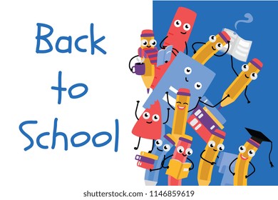 Back to school poster template with cute pencil characters and school supply - eraser, ruler holding books wearing scarf, graduation cap. Happy vector hymanized education symbols with facial emotions