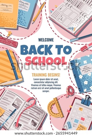 Back to school poster template. Cute school banner with books, textbooks and stationery. Cheerful flat design for school, preschool, stationery advertising, sale or social media. Vector illustration