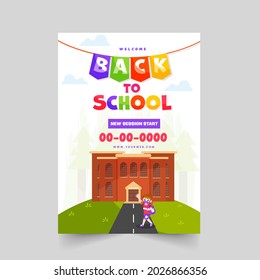 Back To School Poster Or Template Design With Student Boy Wear Mask In Front Of School Building.