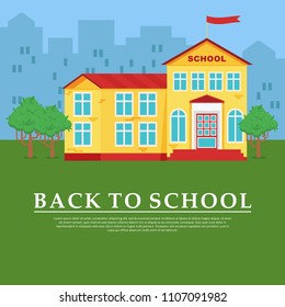 Back to school poster template. Education concept for advertising. Flat vector cartoon illustration. Objects isolated on a white background.