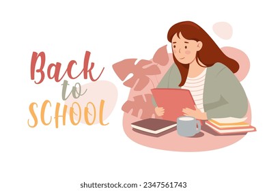 Back to school poster template in flat design. Banner layout with happy teen schoolgirl reading books. Female student doing homework with textbooks and preparing to lessons. Vector illustration.