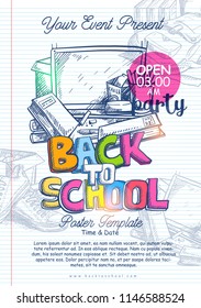 Back To School Poster Template text with Hand drawn Sketch of School Icon on Line art Paper Background. Vector Illustration