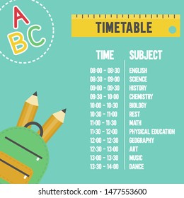 Back to school poster template, School time table vector illustration