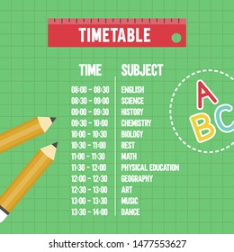 Back to school poster template, School time table vector illustration
