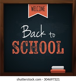 Back to school poster with text and chalks on chalkboard. Wooden frame. Vector illustration