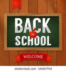 Back to school poster with text on chalkboard on wooden background. Vector illustration