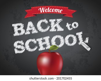 Back to school poster with text on chalkboard and apple