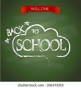 Back to school poster with text on chalkboard. Vector illustration
