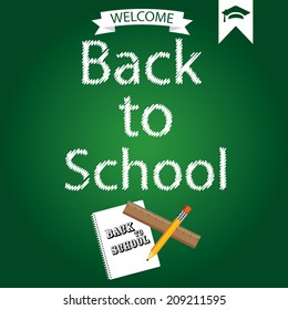 Back to school poster with text on chalkboard. Vector illustration