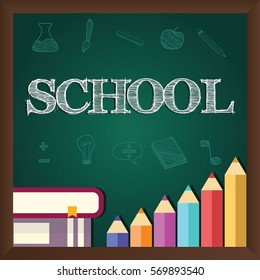 Back to school poster with text on chalkboard.