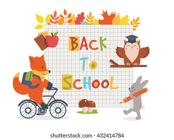 Back to school poster with text place, leaves and animals: fox, rabbit, owl. Vector back to school illustration.

