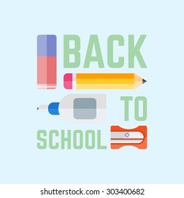 Back to school poster with text and vector flat elements on bright background