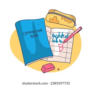 Zurück zum Schulposter. Bücher und Notizbücher mit Bleistift. Kreativität und Kunst. Bildung, Lernen und Ausbildung. Abdeckung oder Banner. Cartoon-FlachVektorgrafik einzeln auf weißem Hintergrund