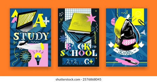 Back to school poster. University abstract background. Halftone collage. Students education design banner. Retro flyer art. Studying stationery and books. Textbook in backpack. Vector brochures set