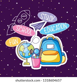 Zurück zum Schulposter mit Utensiliencartoons, Vektorgrafik-Bild