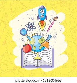 Back to school poster with utensils cartoons vector digital illustration image