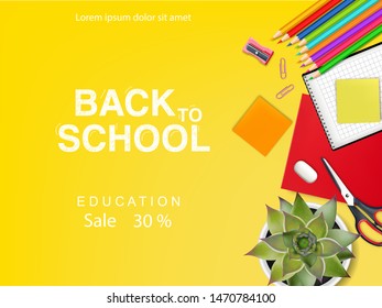 Back to school poster Vector. Autumn fall sale promotion banner. School supplies top view