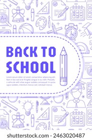 Back to school poster, vector blue modern minimalist design with school supplies line pattern. Education, learning, knowledge concept. a4 format. For banner, cover, web, flyer, business