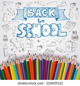 Back to school poster, vector colorful crayons on white paper with abstract doodles