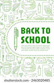Back to school poster, vector green modern minimalist design with school supplies line pattern. Education, learning, knowledge concept. a4 format. For banner, cover, web, flyer, business