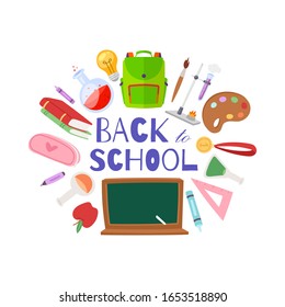 Back to school poster vector illustration. Different school supplies isolated on white and typography back to school. Paint, pencils, notepad, bag and chemestry bottles, books with chalkboard.
