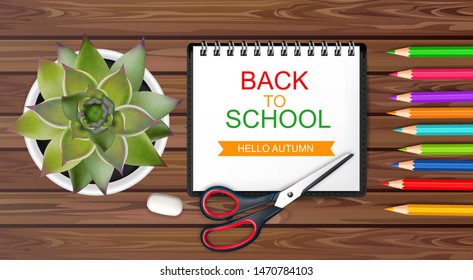 Back to school poster Vector. Sale promotion banner. School supplies on wooden texture top view
