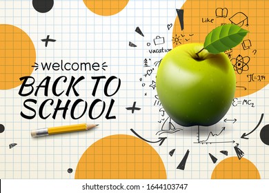 Back to School, poster and web banner with realistic green apple, and doodles on checkered paper . Template for retail marketing promotion and education related. Vector illustration.