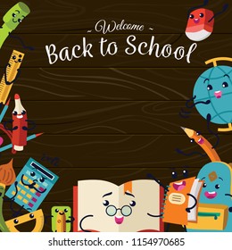 Back to school poster, Welcome colorful template with stationery supplies.