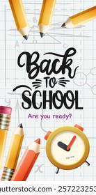 Back to school poster. Welcome Back to school text with color pencils, alarm clock and educational elements for learning flyers lay out collection. Vector illustration